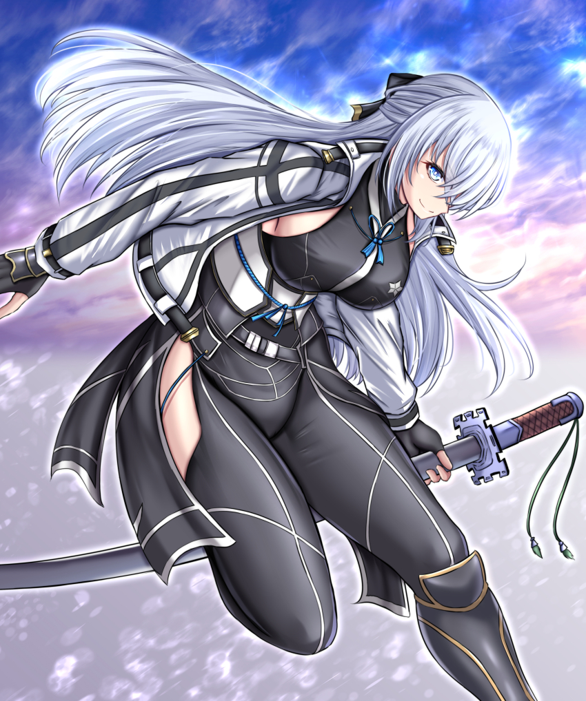 1girl absurdres black_bodysuit blue_eyes bodysuit breasts eiyuu_densetsu fingerless_gloves floating_hair gloves hair_over_one_eye half_updo highres holding holding_sword holding_weapon jacket kanna_(minamozuki) katana kuro_no_kiseki_(series) kuro_no_kiseki_i large_breasts long_hair open_clothes open_jacket shizuna_rem_misurugi smile solo sword weapon white_hair