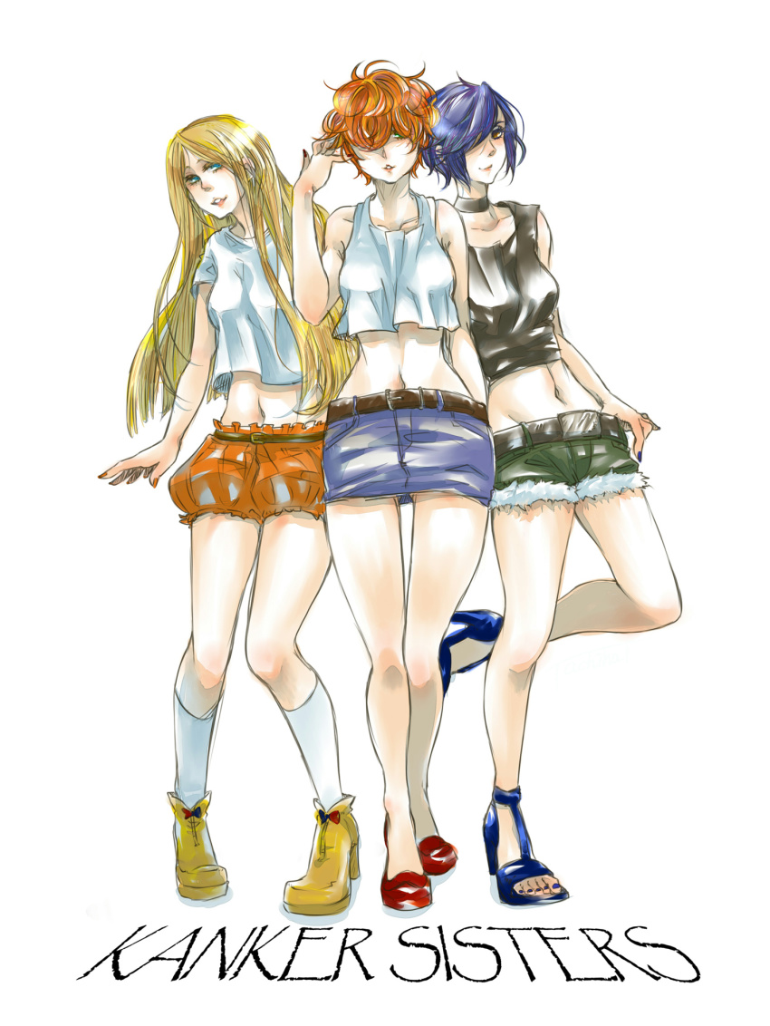 3girls blonde_hair blue_hair breasts ed_edd_n_eddy high_heels highres lee_kanker lipstick makeup marie_kanker may_kanker midriff multiple_girls navel red_hair shorts siblings sisters standing