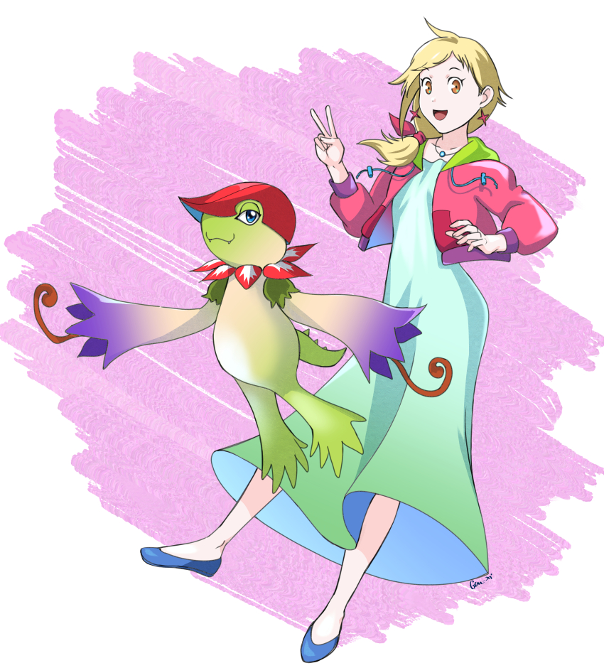 1girl absurdres digimon digimon_(creature) digimon_survive floramon highres kimishima_saki petals smile v