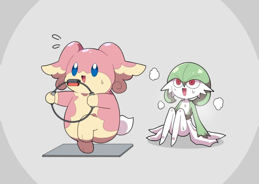audino blue_eyes bob_cut colored_skin controller dress exercising flying_sweatdrops gardevoir gen_3_pokemon gen_5_pokemon green_hair green_skin grey_background heavy_breathing holding holding_controller joy-con maks_(makusu_210) multicolored_skin nintendo no_feet open_mouth pink_eyes pink_skin pokemon pokemon_(creature) ring_fit_adventure simple_background sitting smile sweat two-tone_skin white_dress white_skin