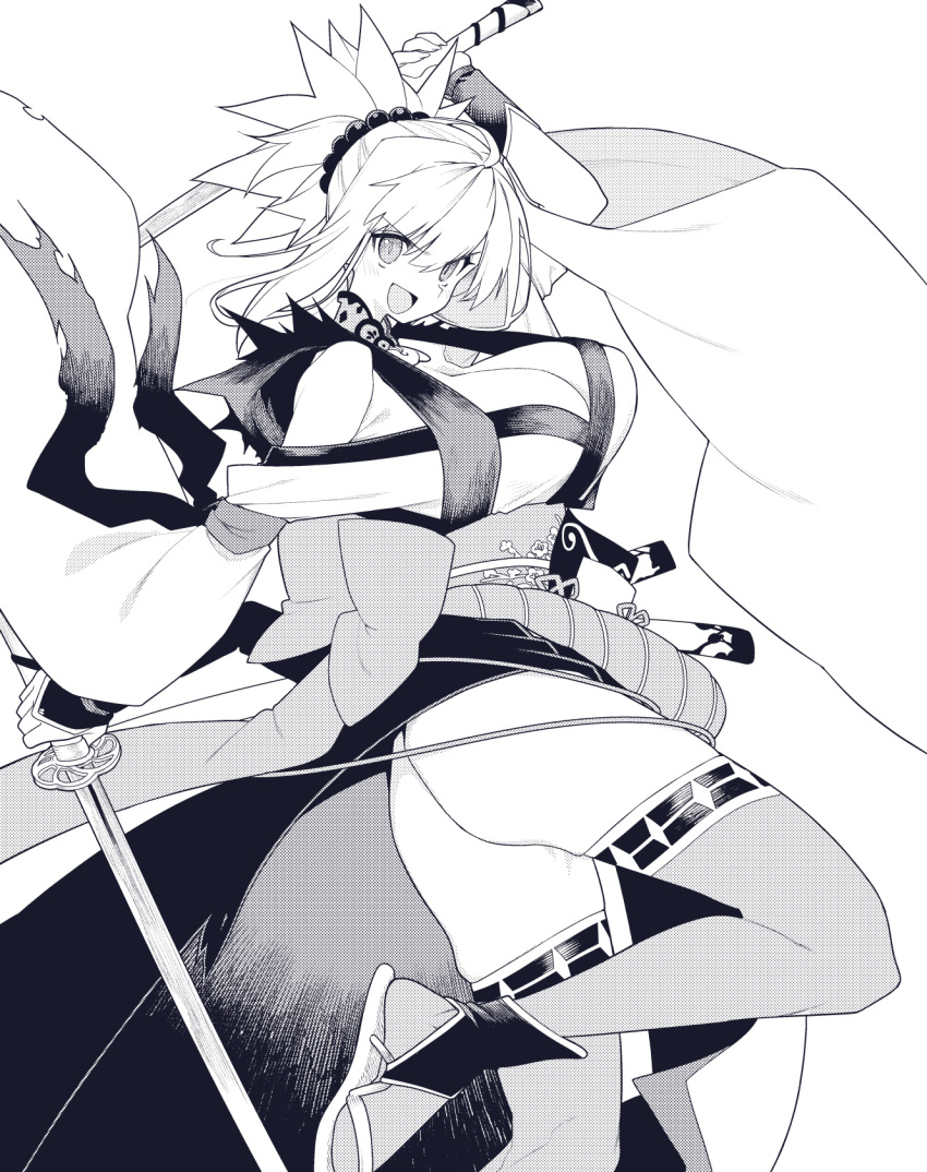 10mo 1girl bare_shoulders breasts cleavage fate/samurai_remnant fate_(series) greyscale highres japanese_clothes katana kimono large_breasts long_hair long_sleeves looking_at_viewer magatama miyamoto_musashi_(fate) miyamoto_musashi_(woman_of_niten_ichiryuu)_(fate) monochrome open_mouth ponytail rope_belt smile solo swept_bangs sword thighhighs weapon