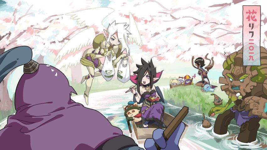 4boys 6+girls :d angel_wings bare_shoulders blue_eyes boat breasts cherry_blossoms chopsticks dark-skinned_female dark_skin dress fish_boy fizz_(league_of_legends) flying from_behind fur_trim goggles goggles_on_head hair_over_one_eye hat highres hiyari_(hiyarilol) holding holding_chopsticks jax_(league_of_legends) karma_(league_of_legends) kayle_(league_of_legends) large_breasts league_of_legends lulu_(league_of_legends) lying maokai morgana_(league_of_legends) multiple_boys multiple_girls multiple_wings nail_polish on_back open_mouth outdoors pointy_ears poppy_(league_of_legends) purple_dress purple_nails river seiza siblings sisters sitting smile teemo teeth translation_request tree tristana_(league_of_legends) upper_teeth_only water watercraft white_hair white_wings wings yordle