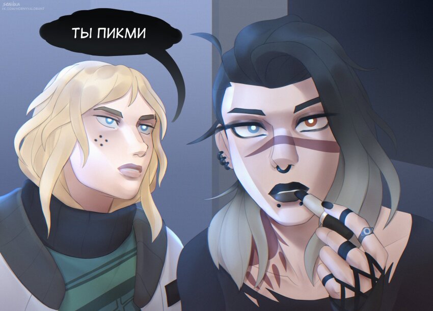 2girls ahoge applying_makeup artist_name black_hair black_lips black_nails black_shirt blonde_hair blue_eyes bright_pupils brown_eyes check_translation collarbone curtained_hair deadlock_(valorant) ear_piercing enpera face_piercing facial_mark fade_(valorant) fishnet_gloves fishnets gloves gradient_hair green_shirt henna heterochromia highres jacket jewelry lipstick looking_at_another looking_at_mirror makeup medium_hair mirror mole mole_under_eye multicolored_hair multiple_girls multiple_rings nose_piercing nose_ring open_clothes open_jacket piercing pov ring russian_text scarf sentlau shirt snakebite_(piercing) speech_bubble tattoo translation_request turtleneck upper_body valorant white_pupils
