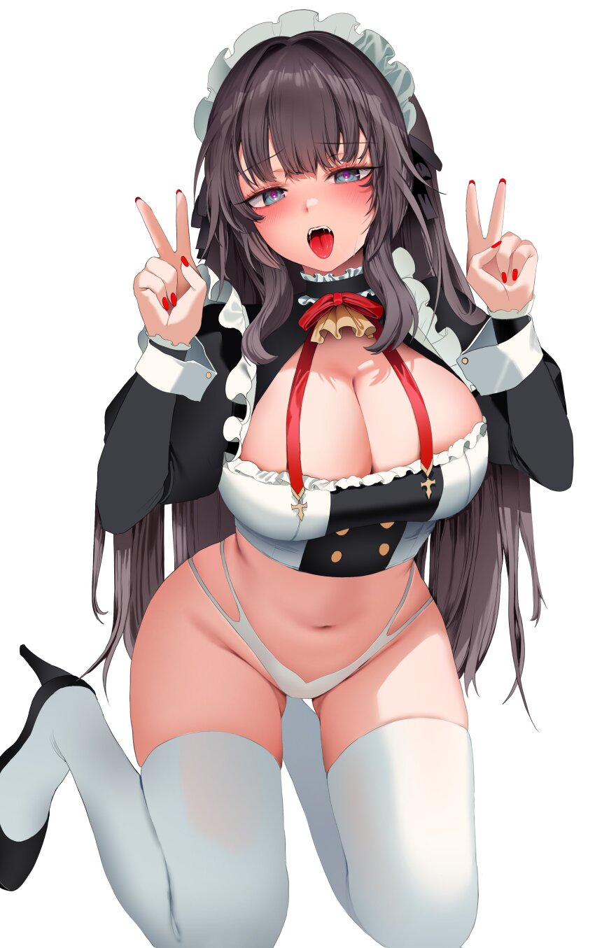 1girl absurdres aqua_eyes arms_up black_shirt black_shoes blush breasts brown_hair cleavage crop_top cropped_shirt double_v fingernails frills full_body groin high_heels highleg highleg_panties highres juliet_sleeves kneeling large_breasts long_hair long_sleeves looking_at_viewer maid_headdress nail_polish navel no_pants open_mouth original panties pink_pupils puffy_sleeves red_nails saliva shirt shoes simple_background solo teeth thighhighs tongue tongue_out underwear upper_teeth_only v white_background white_panties white_thighhighs zerocat
