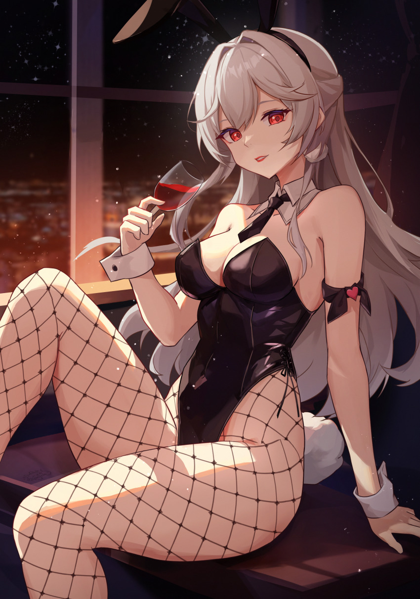 1girl absurdres alcohol animal_ears arm_strap bare_shoulders black_hairband black_leotard black_necktie breasts cityscape cleavage commentary_request crazy_ones cup detached_collar drinking_glass fake_animal_ears feet_out_of_frame fishnet_pantyhose fishnets grey_hair hair_intakes hairband heart highleg highleg_leotard highres holding holding_cup indoors knee_up large_breasts leotard long_hair looking_at_viewer necktie night on_table pantyhose parted_lips playboy_bunny red_eyes red_lips sitting smile solo strapless strapless_leotard synring97 table very_long_hair window wine wine_glass wrist_cuffs xia_bing_(crazy_ones)