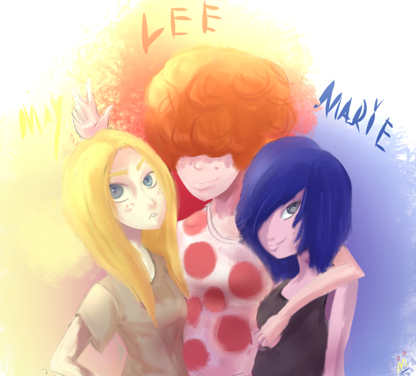 3girls belt black_tank_top blonde_hair blue_eyes blue_hair cartoon_network curly_hair ed_edd_n_eddy grey_eyes hug marie_kanker matthewlok multiple_girls orange_hair polka_dot polka_dot_shirt shirt siblings simple_background sisters smile tank_top v