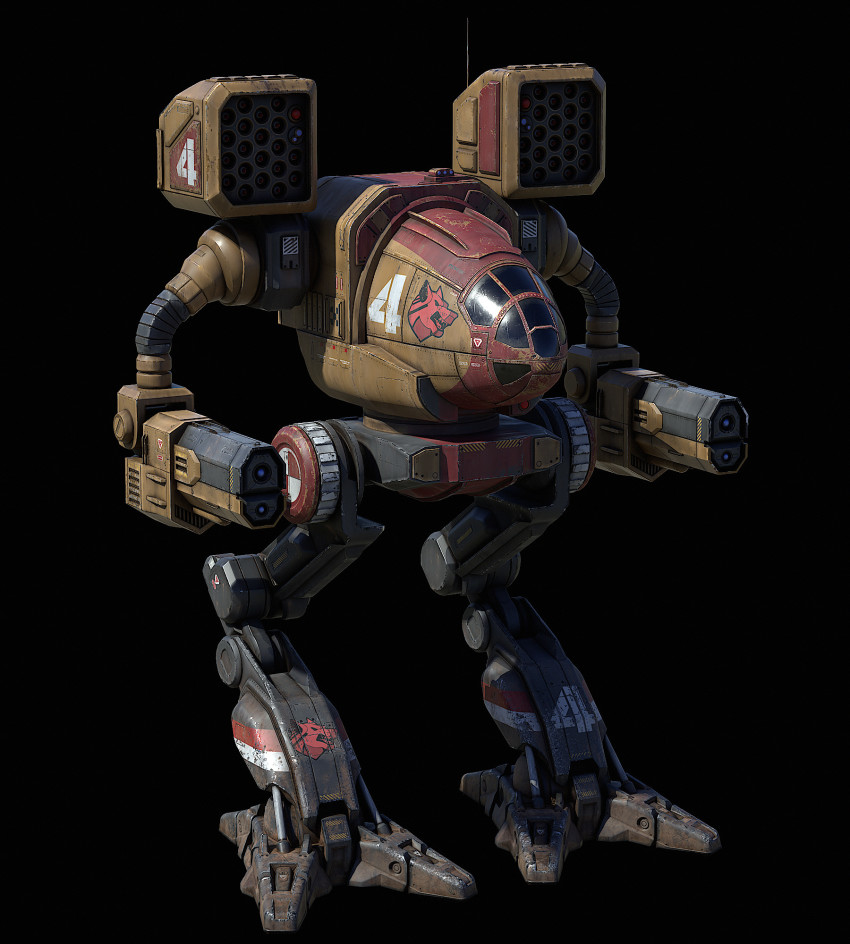 3d arm_cannon battletech black_background commentary concept_art energy_cannon english_commentary highres machinery mad_cat_(battletech) mecha missile_pod no_humans nose_art radio_antenna realistic robot roundel science_fiction solo vertexnormal walker_(robot) weapon window wolf