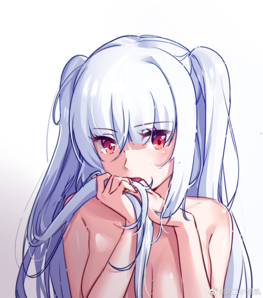 1girl aer_(tengqiu) blunt_bangs blush essex_(warship_girls_r) fang gradient_background hair_between_eyes highres holding long_hair looking_at_viewer nude open_mouth red_eyes simple_background solo two_side_up upper_body warship_girls_r white_background white_hair