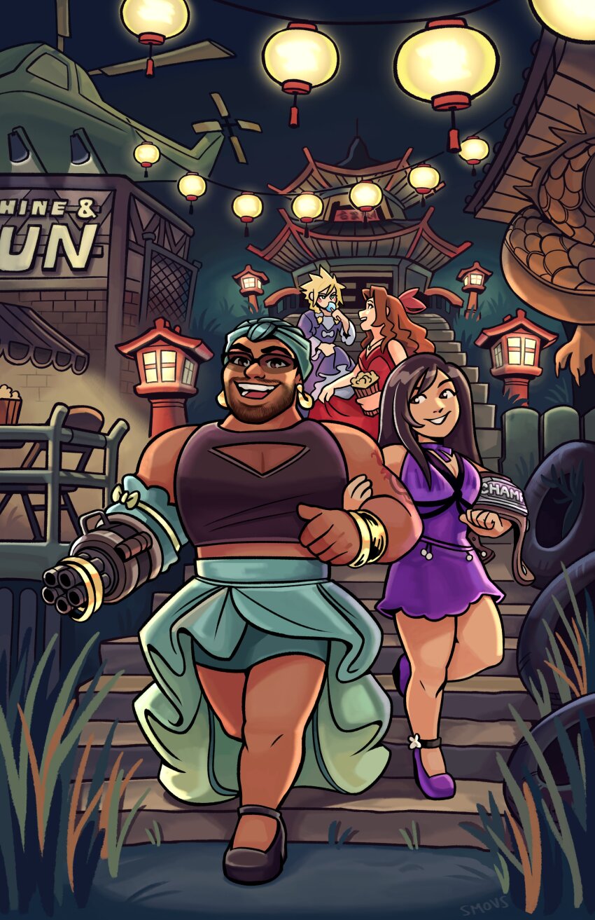 2boys 2girls absurdres aerith_gainsborough aerith_gainsborough_(red_dress) aircraft alternate_costume aqua_skirt architecture barret_wallace beard belt black_shirt black_shoes blonde_hair braid breasts brown_hair championship_belt cleavage cleavage_cutout clothing_cutout cloud_strife cloud_strife_(black_dress) commentary crossdressing dress earrings east_asian_architecture english_commentary facial_hair final_fantasy final_fantasy_vii final_fantasy_vii_remake flamenco_dress food full_body grass grey_dress hair_ribbon helicopter high-low_skirt highres holding holding_another&#039;s_arm holding_belt holding_food hoop_earrings jewelry lantern long_dress long_hair medium_breasts midriff multiple_boys multiple_girls muscular muscular_male official_alternate_costume open_mouth parted_lips popcorn prosthetic_weapon purple_dress purple_negligee purple_shoes red_dress red_ribbon ribbon shirt shoes short_dress short_hair skirt smile smovs spiked_hair stairs stone_stairs sunglasses tifa_lockhart tifa_lockhart_(refined_dress) twin_braids unused_tire very_short_hair