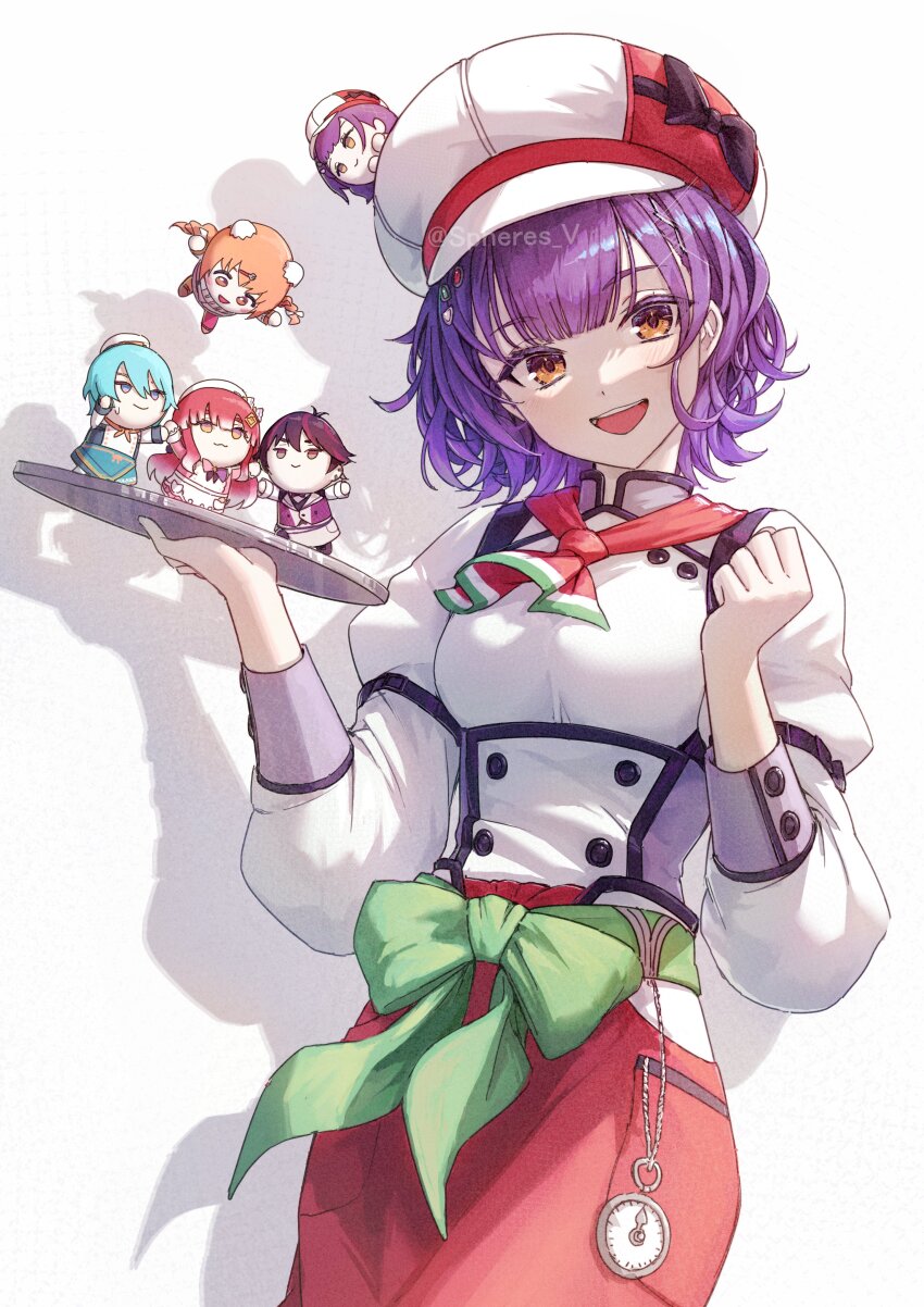 2boys 3girls :d absurdres armillarphere_v artist_name ascot black_bow blush bow buttons newsboy_cap double-breasted double-parted_bangs eyelashes green_sash hair_between_eyes hair_ornament hands_up hashtag-only_commentary hat hat_bow highres holding holding_tray kirara_tamako kirara_tamako_(1st_costume) long_sleeves looking_at_viewer mini_person miniboy minigirl multiple_boys multiple_girls nagisa_trout nagisa_trout_(1st_costume) nanase_suzuna nanase_suzuna_(1st_costume) nijisanji open_mouth orange_eyes puffy_sleeves purple_hair red_ascot red_skirt sakayori_soma sakayori_soma_(1st_costume) saotome_berry saotome_berry_(1st_costume) sash shadow shirt short_hair simple_background skirt smile speciale_(nijisanji) teeth tray twitter_username virtual_youtuber watch wavy_hair white_background white_hat white_shirt x_hair_ornament