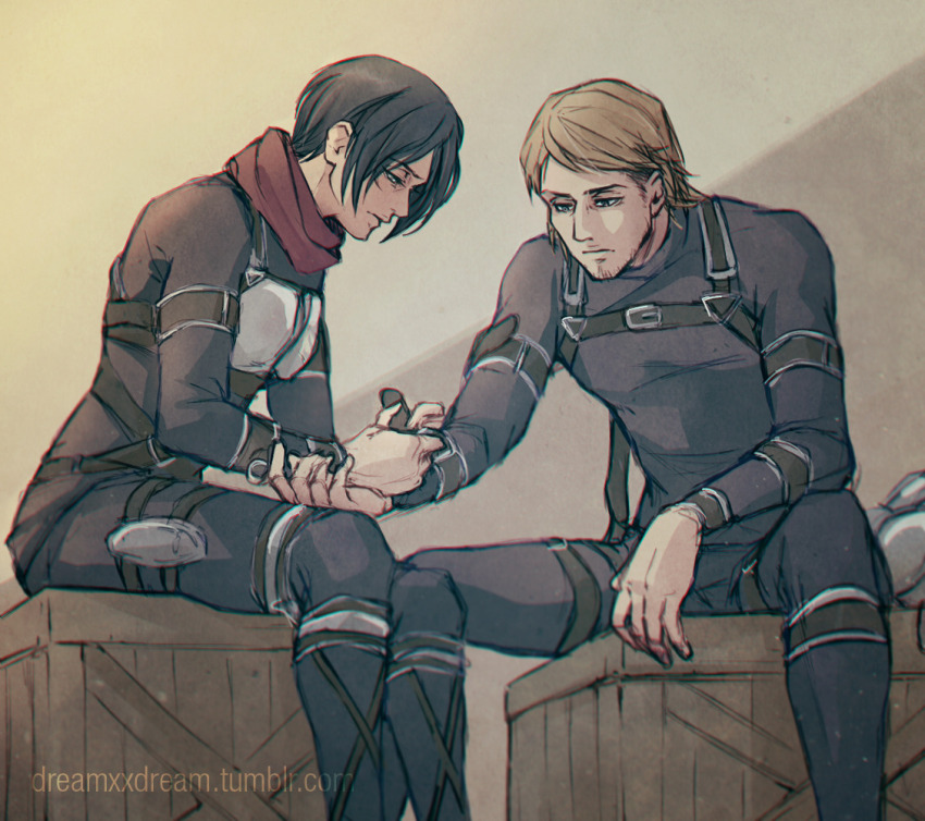 1boy 1girl artist_name black_hair box brown_hair closed_mouth commentary dreamxxdream english_commentary facial_hair goatee_stubble jean_kirstein long_sleeves mikasa_ackerman official_alternate_costume on_box red_scarf scarf shingeki_no_kyojin short_hair sitting sitting_on_box stubble tumblr_username uniform watermark web_address