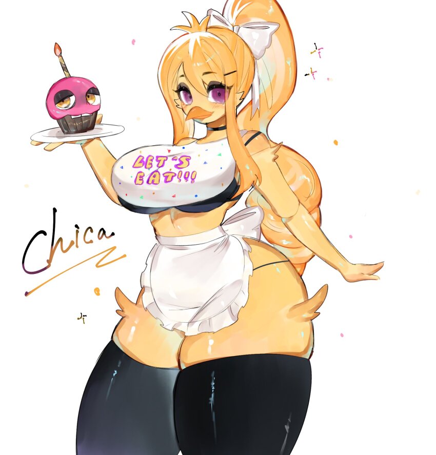 apron beak bib bird_girl blonde_hair breasts chica cupcake five_nights_at_freddy&#039;s food furry furry_female highres large_breasts long_hair ponytail ribbon robot thick_thighs thighhighs thighs togetoge wide_hips zettai_ryouiki