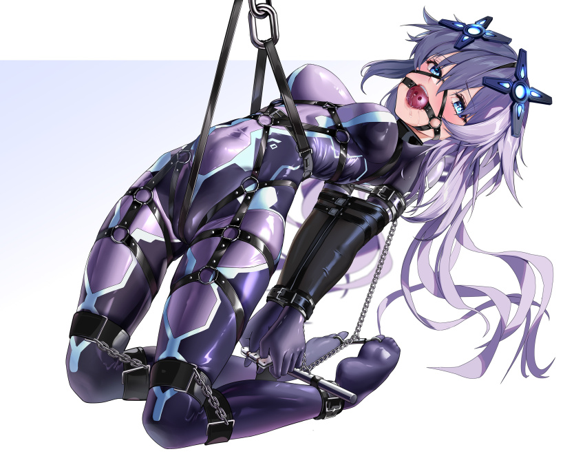 1girl ankle_cuffs armbinder arms_behind_back ball_gag bdsm blue_eyes bondage bound bound_arms bound_wrists breasts cameltoe chain choujigen_game_neptune commission cuffs female_focus gag gag_harness gagged handcuffs hanging highres latex long_hair looking_at_viewer maho_shi_ma medium_breasts neptune_(neptunia) neptune_(series) open_mouth purple_hair purple_heart_(neptunia) restrained second-party_source shibari shibari_over_clothes simple_background skindentation solo suspension very_long_hair white_background wiffle_gag