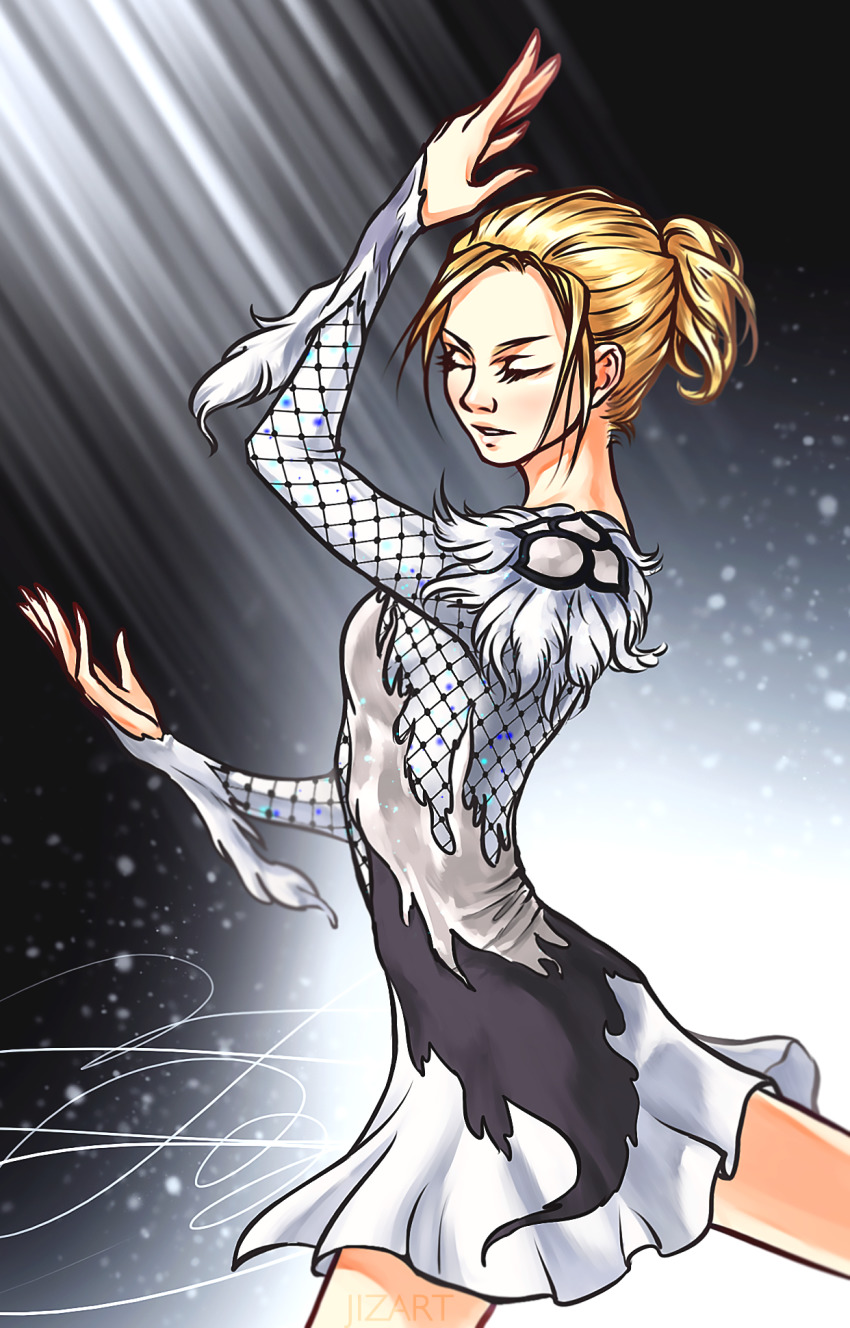 1girl artist_name blonde_hair breasts closed_eyes dark_background dress female_focus genderswap genderswap_(mtf) hand_up highres neesawahh parted_lips short_hair small_breasts solo standing standing_on_one_leg white_dress yuri!!!_on_ice yuri_plisetsky
