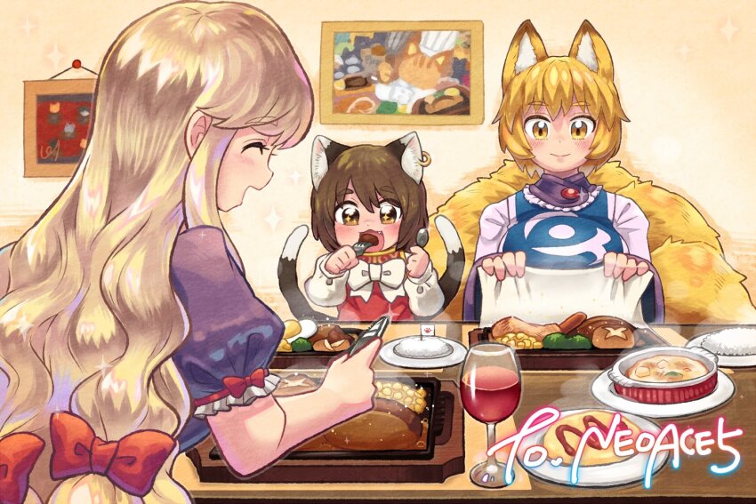 3girls :3 :d animal_ear_fluff animal_ear_piercing animal_ears blonde_hair bow bowtie breasts brown_hair cat_ears cat_tail chen commentary_request commission cup dress drinking_glass earrings eating fang food fork fox_ears fox_tail hair_bow hair_ribbon happy holding holding_fork holding_spoon indoors jewelry large_breasts long_hair multiple_girls multiple_tails no_headwear open_mouth pmx profile puffy_short_sleeves puffy_sleeves purple_dress red_bow red_vest ribbon short_hair short_sleeves single_earring skeb_commission slice_of_life smile spoon tail touhou tress_ribbon two_tails vest white_bow white_bowtie white_dress wine_glass yakumo_ran yakumo_yukari