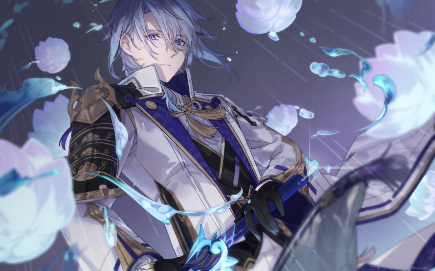 1boy absurdres armor asymmetrical_hair black_armor black_gloves black_vest blue_eyes blue_hair closed_mouth genshin_impact gloves hand_on_sheath highres jacket japanese_armor japanese_clothes kamisato_ayato long_hair long_sleeves looking_at_reflection male_focus mole mole_under_mouth open_clothes open_jacket popped_collar puddle rain reflection shirt shoulder_armor solo tassel vest white_jacket white_shirt wide_sleeves yama_ta_yomogi