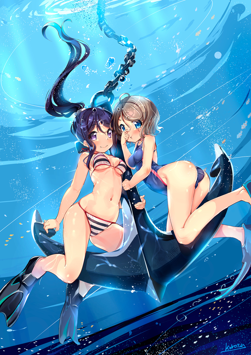 2girls air_bubble anchor ass bikini blue_one-piece_swimsuit blush breasts brown_hair bubble cameltoe closed_mouth flippers floating_hair highres holding_breath holding_nose kurozu long_hair looking_at_viewer love_live! love_live!_sunshine!! matsuura_kanan medium_breasts multiple_girls navel one-piece_swimsuit ponytail purple_eyes purple_hair short_hair small_breasts swimming swimsuit underwater watanabe_you