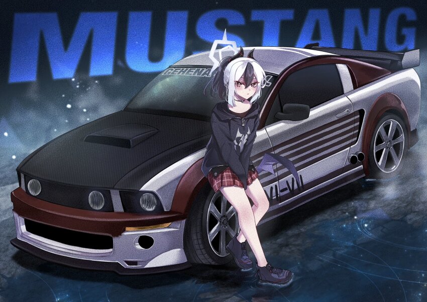 1girl between_legs black_hair black_hoodie black_shoes blue_archive blush car commission crossover ford ford_mustang ford_mustang_s197 halo hand_between_legs highres hood hood_down hoodie horns kayoko_(blue_archive) leaning_forward looking_at_viewer motor_vehicle mugi_(marineblue134) multicolored_hair muscle_car need_for_speed need_for_speed:_most_wanted_(2005) plaid_clothes plaid_skirt purple_eyes red_skirt shoes skeb_commission skirt sneakers solo spoiler_(automobile) streaked_hair vehicle_focus white_hair