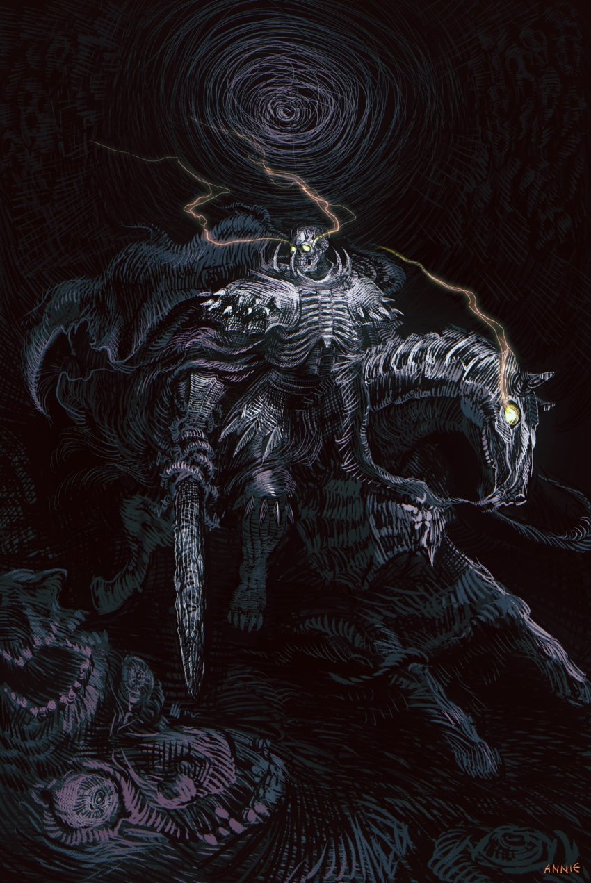 1boy anniechromes armor artist_name berserk glowing glowing_eyes highres holding holding_sword holding_weapon horse horseback_riding looking_to_the_side male_focus riding shoulder_armor skeleton skeleton_horse skull_knight_(berserk) solo solo_focus sword sword_of_resonance weapon