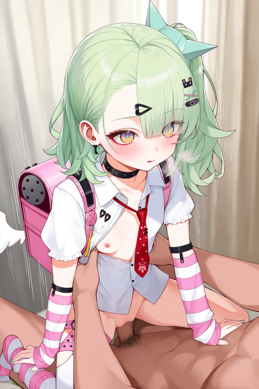 1boy 1girl abs absurdres bandaid bandaid_hair_ornament bilingual_commentary blue_eyes blue_nails blush breasts breath censored chinatsu_remiel clothed_female_nude_male collar collarbone commentary commentary_request cowgirl_position curtains earrings english_commentary erection eyelashes eyes_visible_through_hair girl_on_top green_hair hair_between_eyes hair_ornament hand_on_another&#039;s_stomach hands_on_another&#039;s_waist hank_(gogaek) highres indoors jewelry leg_warmers loli long_hair looking_at_another mixed-language_commentary mosaic_censoring motion_lines multicolored_eyes multiple_hair_clips musical_note_earrings navel nipples nude partially_unbuttoned penis pink_arm_warmers pink_bag pink_leg_warmers pubic_hair pussy ring_hair_ornament sex shirt small_breasts straddling striped_arm_warmers striped_leg_warmers thigh_strap tongue vaginal veins veiny_penis white_shirt white_wings winged_bag wings yellow_eyes zenless_zone_zero