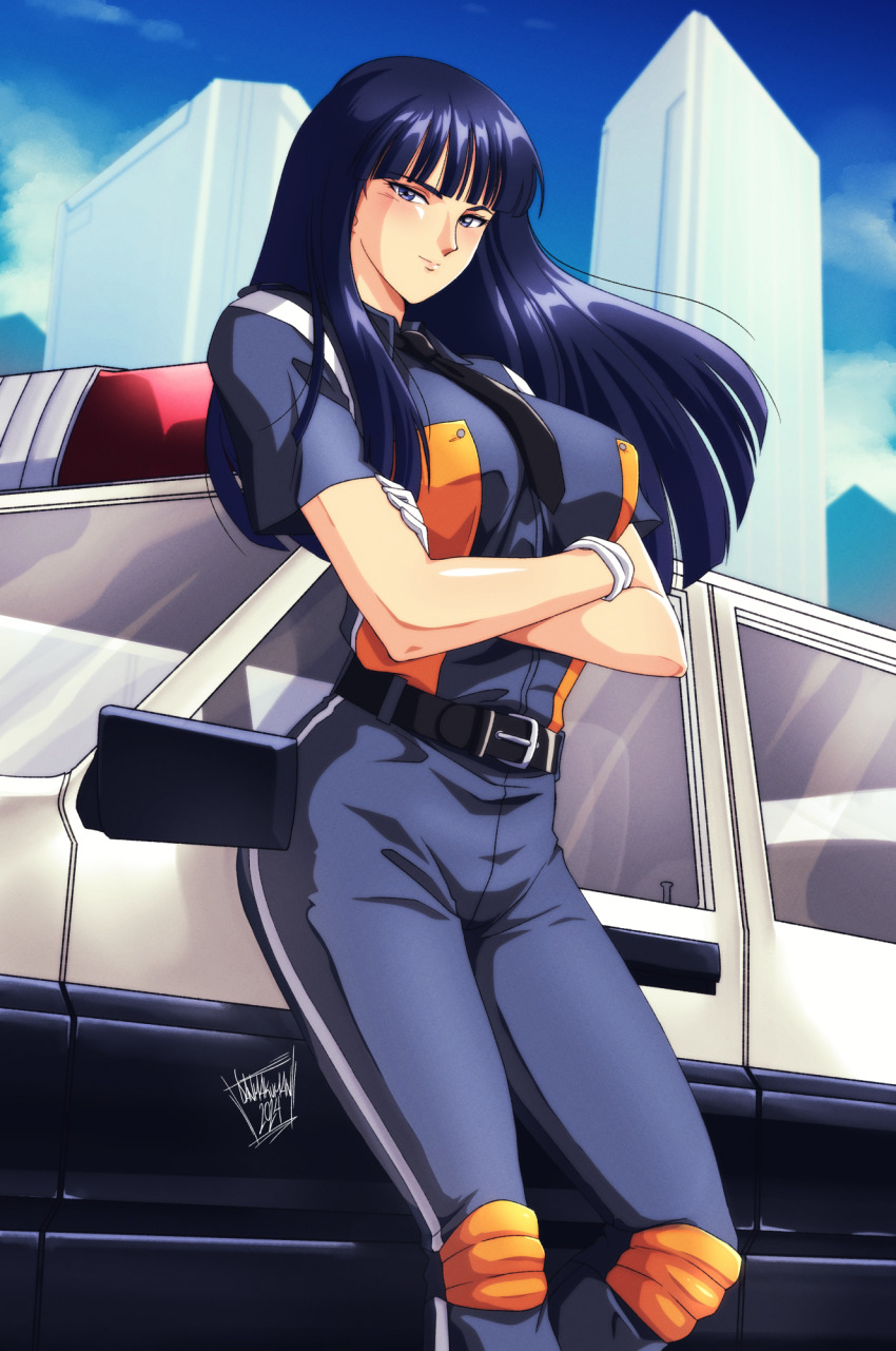 1girl belt blue_eyes breasts car closed_mouth commentary_request crossed_arms danmakuman day gloves highres kanuka_clancy kidou_keisatsu_patlabor knee_pads leaning_back medium_breasts motor_vehicle necktie pants police police_car police_uniform policewoman shirt smile solo standing vest