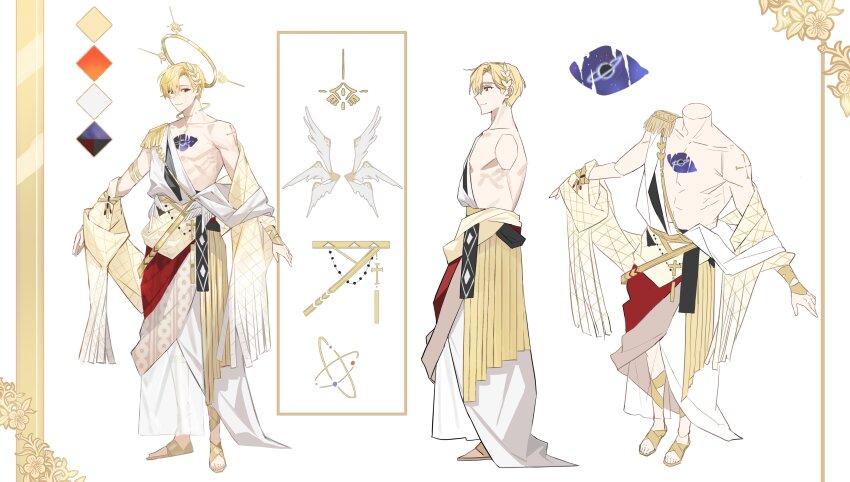 1boy absurdres angel arm_guards arm_tattoo blonde_hair bon_(bony_53) reference_sheet closed_mouth color_guide cross cross_tattoo epaulettes facial_mark from_side full_body gladiator_sandals hair_between_eyes halo highres hole_in_chest hole_on_body indie_virtual_youtuber jewelry laurel_crown looking_at_viewer male_focus multiple_views neck_ring no_nipples noahh_nim outstretched_arms pectorals planet planetary_ring profile red_eyes red_sash robe sandals sash see-through_clothes shawl short_hair side_part simple_background single_bare_shoulder single_epaulette sleeveless smile solo standing tattoo thigh_strap toga toned toned_male turnaround virtual_youtuber white_background white_robe white_wings wings yellow_sandals yellow_sash yellow_shawl