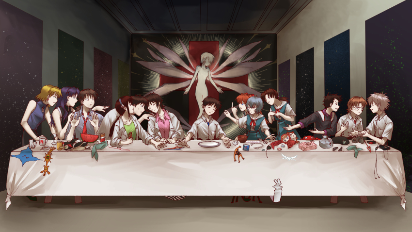 6+boys 6+girls absurdres aida_kensuke akagi_ritsuko angel_(evangelion) ayanami_rei beret blue_hair brown_hair coffee_mug cross cup doll fine_art_parody food fruit glasses hat highres horaki_hikari ikari_gendou ikari_shinji ikari_yui katsuragi_misato lab_coat lilith_(ayanami_rei) makinami_mari_illustrious mug multiple_boys multiple_girls nagisa_kaworu neon_genesis_evangelion parody purple_hair rebuild_of_evangelion red_hair souryuu_asuka_langley star_(sky) suzuhara_touji the_last_supper watermelon yurumenoika_eva