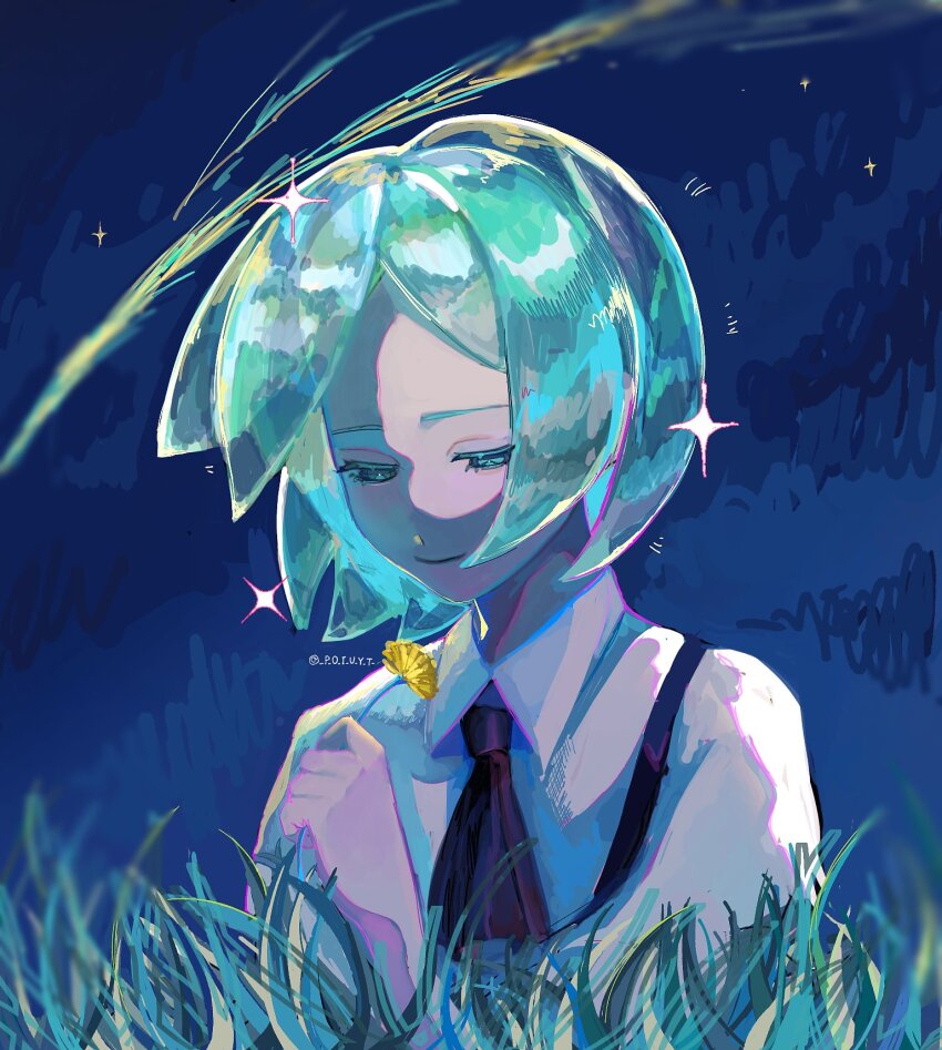 1other aqua_hair artist_name black_necktie comet flower gem_uniform_(houseki_no_kuni) glint grass hashtag-only_commentary highres holding holding_flower houseki_no_kuni jacket necktie night other_focus phosphophyllite poiuyt short_hair star_(sky) suspenders white_jacket