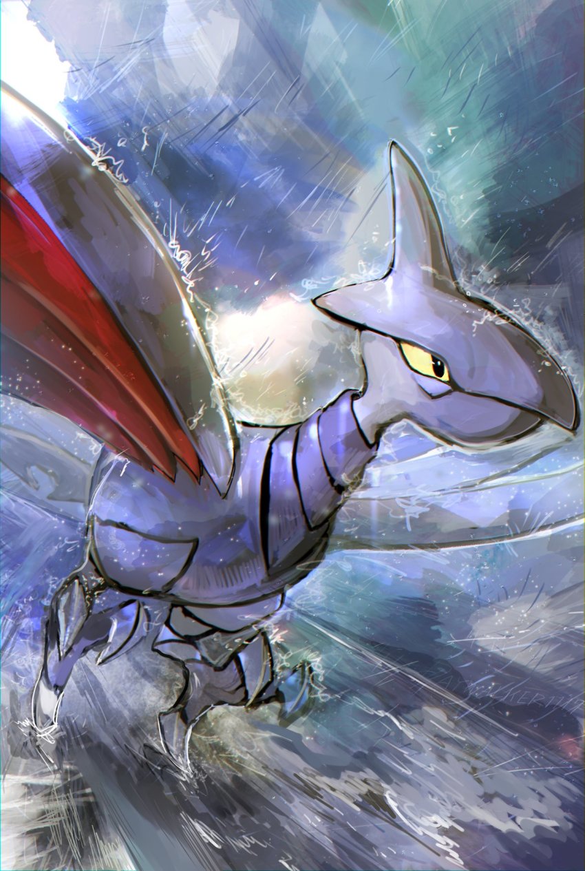 animal_focus artist_name bird black_eyes claws closed_mouth colored_sclera day_walker1117 english_text flying gen_2_pokemon highres nintendo no_humans outdoors pokemon pokemon_(creature) rain signature skarmory solo yellow_sclera