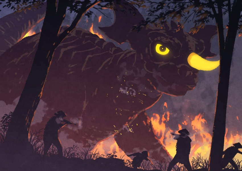 4boys all_fours baragon_(godzilla) colored_sclera dinosaur embers fire firing forest frankenstein frankenstein_vs._baragon giant giant_monster glowing glowing_eyes glowing_horn glowing_horns godzilla_(series) grass gun hat highres horns kaiju monster multiple_boys musket nature night peroringa rifle running single_horn smoke tail tall_grass toho tree weapon yellow_eyes yellow_sclera