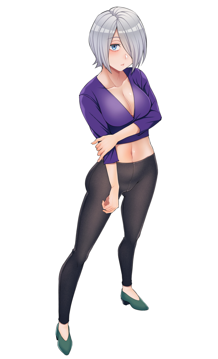 1girl absurdres black_pants boku_no_hero_academia breasts cleavage collarbone full_body grey_hair hand_on_own_arm high_heels highres kobaji large_breasts long_sleeves navel pants purple_shirt shirt shoes short_hair solo standing yanagi_reiko