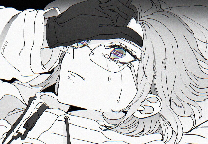 1boy aotsuki_eito close-up crying crying_with_eyes_open drawstring error_message glasses gloves greyscale hand_on_own_forehead jacket long_sleeves looking_ahead male_focus monochrome palme310 short_hair simple_background solo tears text_in_eyes the_hundred_line_-last_defense_academy- zipper