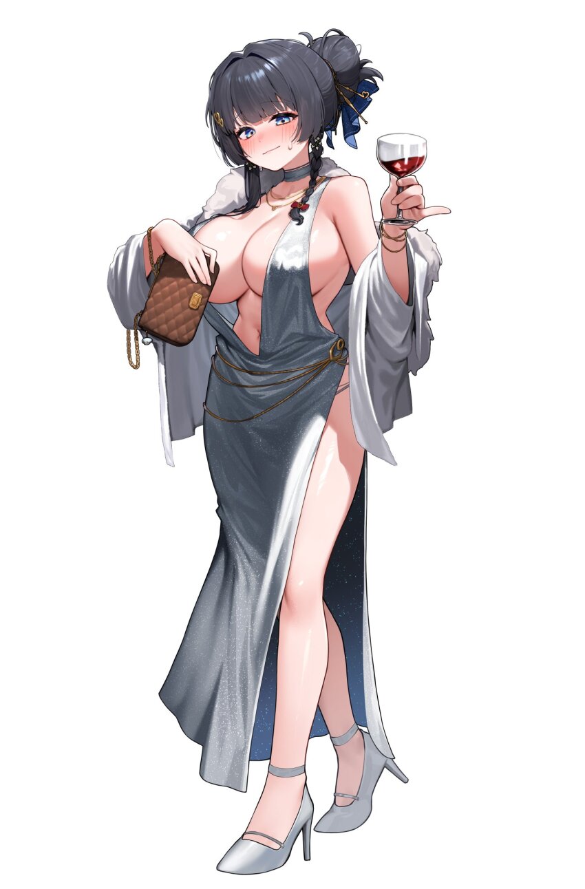 1girl bag bare_legs bare_shoulders black_hair blue_eyes blush breasts choker cleavage closed_mouth cocktail_dress commentary_request crossed_legs cup dress drinking_glass full_body fur_trim grey_choker grey_dress hair_bun hair_ornament hairpin handbag heart heart_hair_ornament high_heels highres holding holding_cup jacket korean_commentary large_breasts long_hair long_sleeves looking_at_viewer navel no_bra nose_blush off_shoulder plunging_neckline sangobob shirayuki_hina shoes side_slit simple_background sleeveless sleeveless_dress solo standing stellive sweat thighs virtual_youtuber watson_cross white_background white_jacket white_shoes