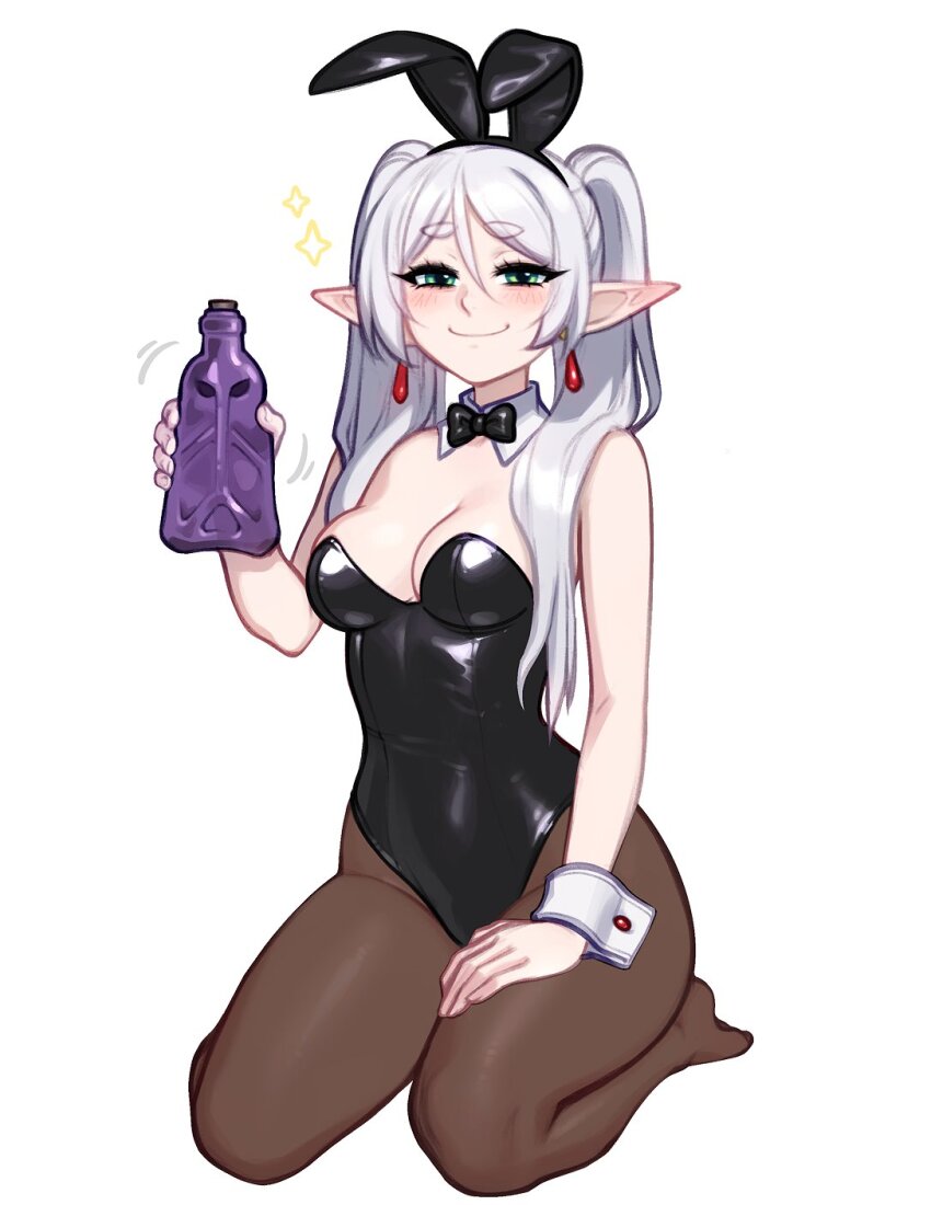 1girl animal_ears bare_shoulders black_bow black_bowtie black_hairband black_leotard black_pantyhose blush blushyspicy bow bowtie breasts cleavage closed_mouth clothes-dissolving_potion commentary detached_collar earrings elf english_commentary fake_animal_ears floating_earrings frieren green_eyes grey_hair hairband highres holding holding_potion jewelry leotard long_hair looking_at_viewer medium_breasts pantyhose parted_bangs playboy_bunny pointy_ears potion rabbit_ears seiza simple_background sitting smile solo sousou_no_frieren sparkle strapless strapless_leotard teardrop_earrings twintails white_background white_hair white_wrist_cuffs wrist_cuffs