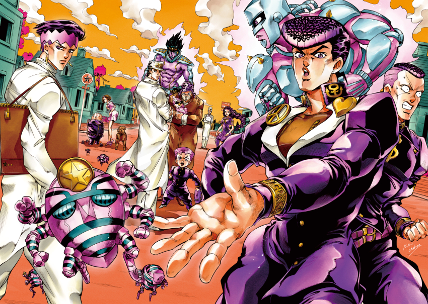 anchor_symbol apron araki_hirohiko_(style) arnold_(jojo) aura baby bag beard black_hair bookbag brown_hair carrying cha_kuro_(limo) chef chef_hat clenched_hand clenched_hands clenched_teeth cloud coin crazy_diamond crossed_arms dated dog dollar_sign dress earrings facial_hair facial_mark fat fat_man foreshortening frown gakuran glasses harvest_(stand) hat heart higashikata_josuke highres house jewelry jojo_no_kimyou_na_bouken joseph_joestar joseph_joestar_(old) kishibe_rohan kuujou_joutarou leaning_back long_coat long_hair looking_back nijimura_okuyasu open_mouth pacifier peace_symbol pompadour purple_eyes purple_hair road road_sign school_uniform serafuku serious shizuka_joestar sign signature sketchbook sky stand_(jojo) star_(symbol) star_platinum street stud_earrings sugimoto_reimi sunglasses sweat teeth tonio_trussardi tree wavy_hair yamagishi_yukako yangu_shigekiyo zipper