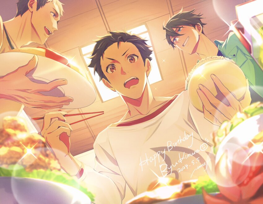 3boys ahoge akuno_hideo birthday black_shirt blue_eyes blush bowl breast_pocket brown_hair character_name chicken_(food) chopsticks clenched_teeth collarbone commentary_request dated drooling egg english_text feast fingernails food frame_(idolmaster) fried_chicken fried_egg from_below green_jacket hair_between_eyes happy_birthday highres holding holding_bowl holding_chopsticks holding_plate hungry idolmaster idolmaster_side-m indoors jacket ketchup kimura_ryu lens_flare lettuce long_bangs long_sleeves looking_at_another looking_at_viewer multiple_boys omelet omurice open_clothes open_jacket open_mouth plate pocket purple_eyes red_trim rice rice_bowl saliva sharp_teeth shingen_seiji shirt short_bangs short_hair signature smile solo_focus sparkle sparkling_eyes straight_hair teeth tongue umeneko upper_body upper_teeth_only yellow_shirt