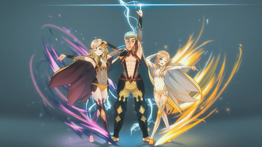 1boy 2girls abs acrylicstroke blonde_hair bodystocking breasts cleavage covered_navel crop_top dark_mage_(fire_emblem_fates) family father_and_daughter fire_emblem fire_emblem_awakening fire_emblem_fates grandmother_and_granddaughter hair_down highres lissa_(fire_emblem) long_hair medium_breasts mother_and_son multiple_girls nintendo odin_(fire_emblem) open_clothes ophelia_(fire_emblem) owain_(fire_emblem) sandals small_breasts smile toned toned_male