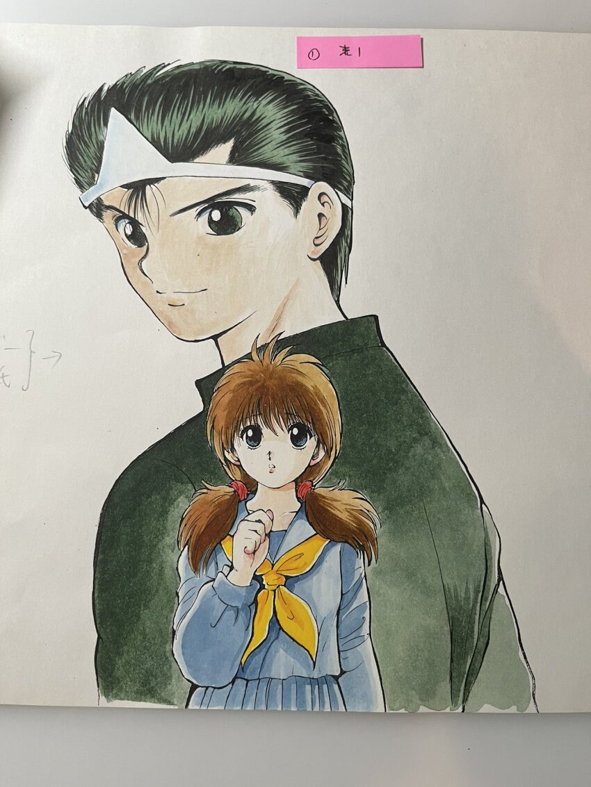 1boy 1girl alternate_hairstyle black_eyes blue_serafuku brown_hair commentary_request green_eyes green_hair highres low_twintails marker_(medium) neckerchief photo_(medium) sarayashiki_junior_high_school_uniform school_uniform serafuku shounen_jump shueisha smile togashi_yoshihiro traditional_media triangular_headpiece twintails urameshi_yusuke weekly_shounen_jump yellow_neckerchief yukimura_keiko yuu_yuu_hakusho
