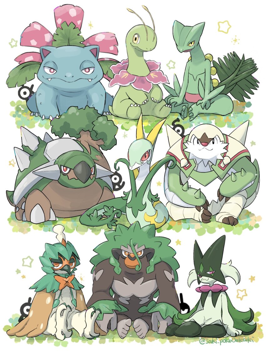 antennae chesnaught colored_sclera commentary_request decidueye fang fang_out gen_1_pokemon gen_2_pokemon gen_3_pokemon gen_4_pokemon gen_5_pokemon gen_6_pokemon gen_7_pokemon gen_8_pokemon highres meganium meowscarada nintendo pokemon pokemon_(creature) pokemon_focus red_eyes rillaboom saki_pokeoekaki sceptile serperior sitting slit_pupils talons torterra twitter_username unown venusaur yellow_eyes yellow_sclera