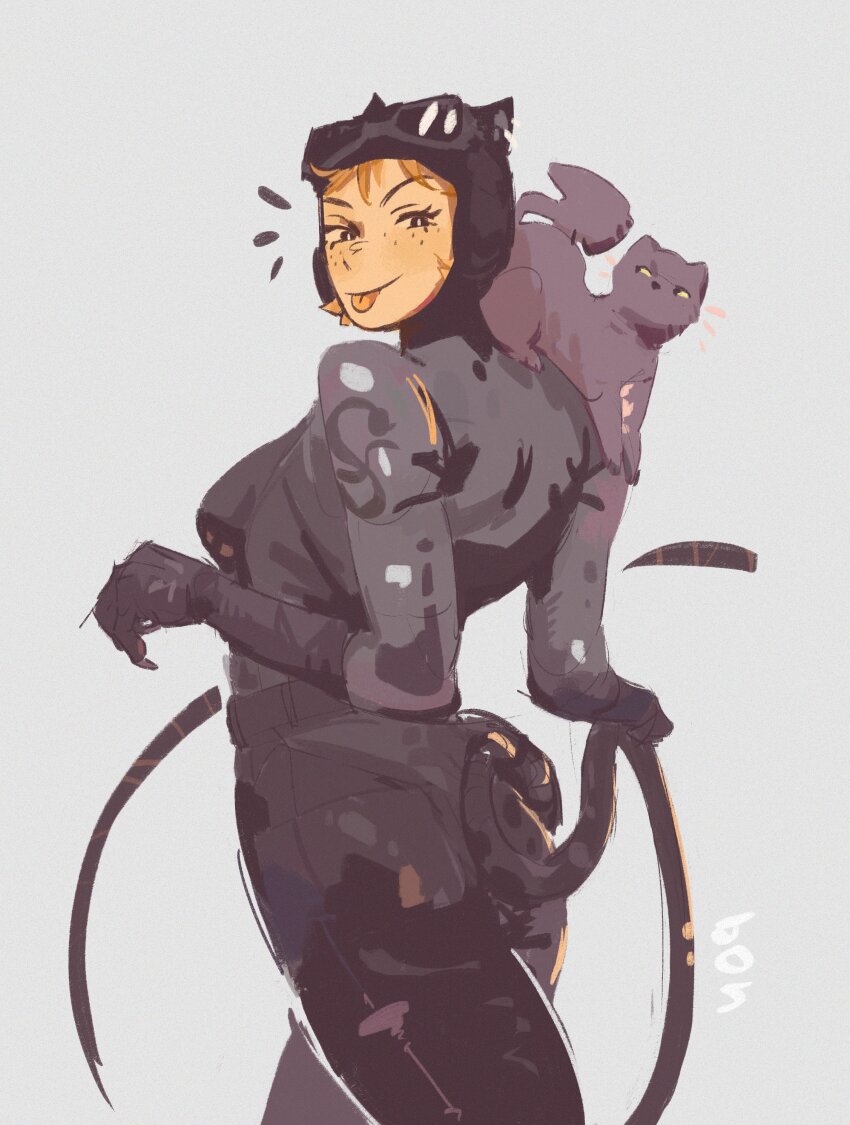 1girl absurdres animal animal_costume animal_ears animal_on_shoulder ass batman_(series) black_bodysuit black_gloves bodysuit bon_(fapapes) breasts cat cat_costume cat_ears cat_tail catwoman catwoman_(cosplay) closed_mouth commentary cosplay cowboy_shot dc_comics fake_animal_ears fake_tail freckles from_behind from_side gloves goggles goggles_on_head grey_background highres looking_at_viewer looking_back medium_breasts nami_(one_piece) notice_lines one_piece orange_hair smile solo symbol-only_commentary tail tongue tongue_out