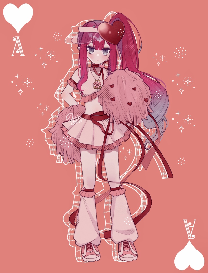 1girl amulet_heart amulet_heart_(cosplay) baobhan_sith_(fate) blush closed_mouth cosplay dress fate/grand_order fate_(series) frilled_dress frills full_body grey_eyes heart highres leg_warmers long_hair looking_at_viewer noa_pisces pink_background pink_dress pink_hair pointy_ears pom_pom_(cheerleading) shugo_chara! side_ponytail solo standing visor_cap