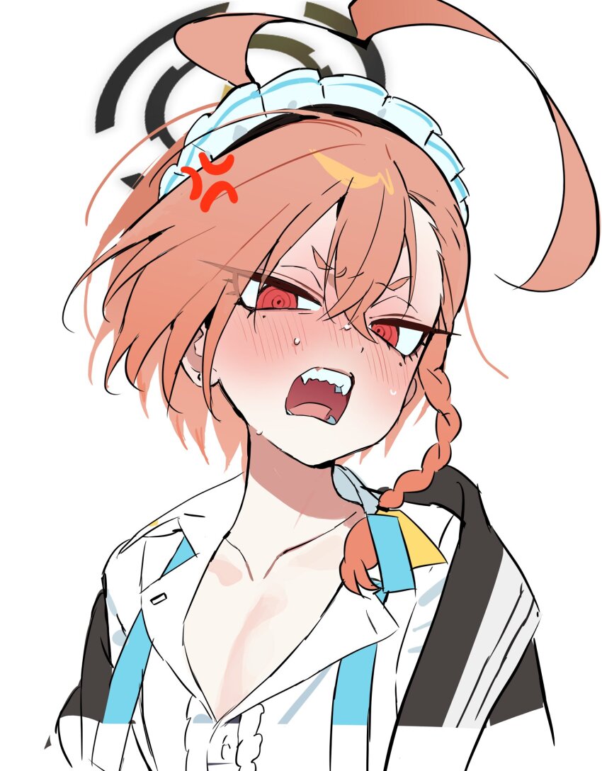 1girl ahoge anger_vein black_halo black_jacket blue_archive blush braid center_frills collarbone commentary_request crossed_bangs double-parted_bangs frills from_below hair_between_eyes halo highres huge_ahoge jacket korean_commentary lower_eyelashes_only medium_hair mole mole_under_each_eye mole_under_eye multiple_moles neru_(blue_archive) nose_blush ohta_guk_hip open_clothes open_jacket open_mouth orange_hair red_eyes ringed_eyes sharp_teeth shirt side_braid simple_background single_braid solo sweat teeth tongue tsurime upper_body v-shaped_eyebrows white_background white_headdress white_shirt