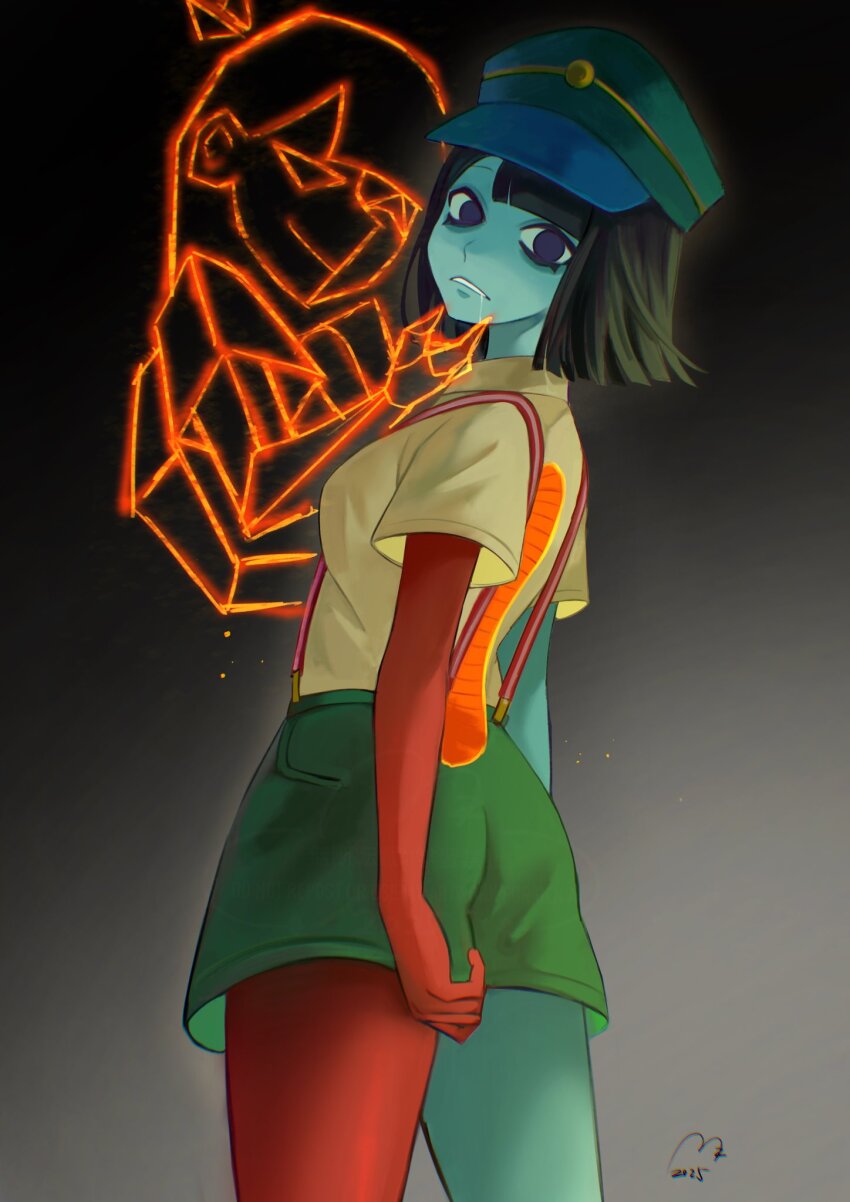 2girls black_hair blue_skin blunt_bangs blunt_ends bob_cut colored_skin ena:_dream_bbq ena_(dream_bbq) ena_(series) ena_(species) hangover_ena hat highres hole_in_stomach hole_on_body looking_at_viewer multicolored_skin multiple_girls red_skin shirt short_hair short_sleeves simple_background two-tone_skin usagimarumei
