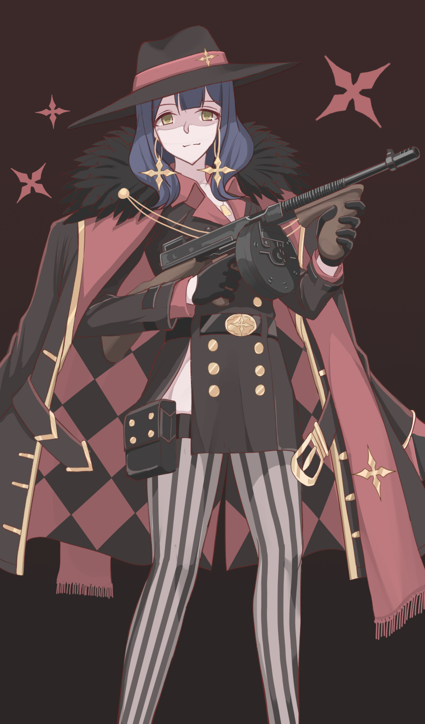 absurdres aiguillette ammunition_pouch belt black_gloves black_hat blue_hair buttons coat coat_on_shoulders collared_shirt double-breasted double-parted_bangs earrings gloves gun hanayagi_kaoruko hat highres holding holding_gun holding_weapon jewelry mafia medium_hair nguyen_tam_lee official_alternate_costume open_clothes open_coat pouch red_shirt shirt shoujo_kageki_revue_starlight shoujo_kageki_revue_starlight_-re_live- side_slit striped_clothes striped_thighhighs thighhighs two-sided_fabric vertical-striped_clothes vertical-striped_thighhighs weapon wide_brim yellow_eyes