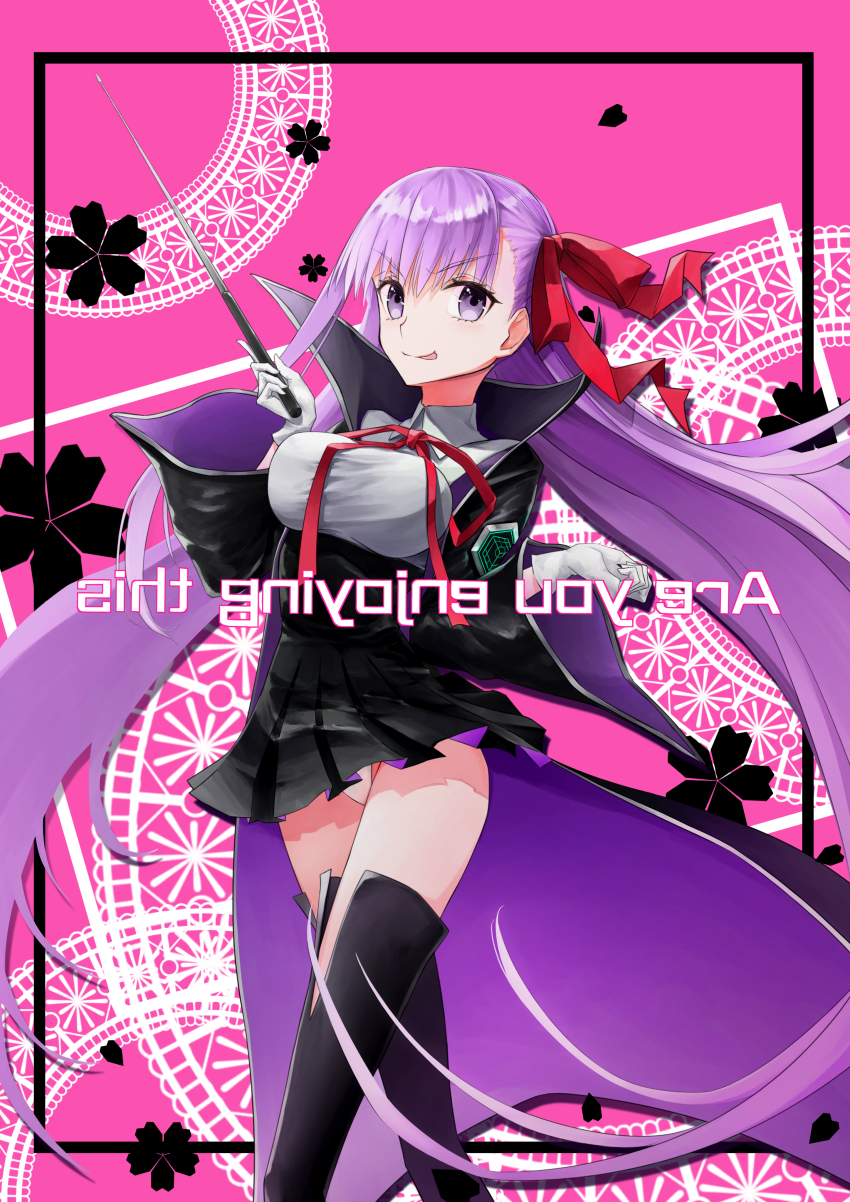 1girl :p absurdres backwards_text bb_(fate) bb_(fate/extra) black_boots black_jacket black_skirt boots bow bowtie breasts english_text fate/extra fate/extra_ccc fate/grand_order fate_(series) gloves hair_bow highres holding holding_wand jacket large_breasts long_hair looking_at_viewer mirrored_text panties pantyshot pink_background purple_eyes purple_hair red_bow skirt solo thigh_boots thighhighs tongue tongue_out underwear wand white_gloves white_panties yuniyuni