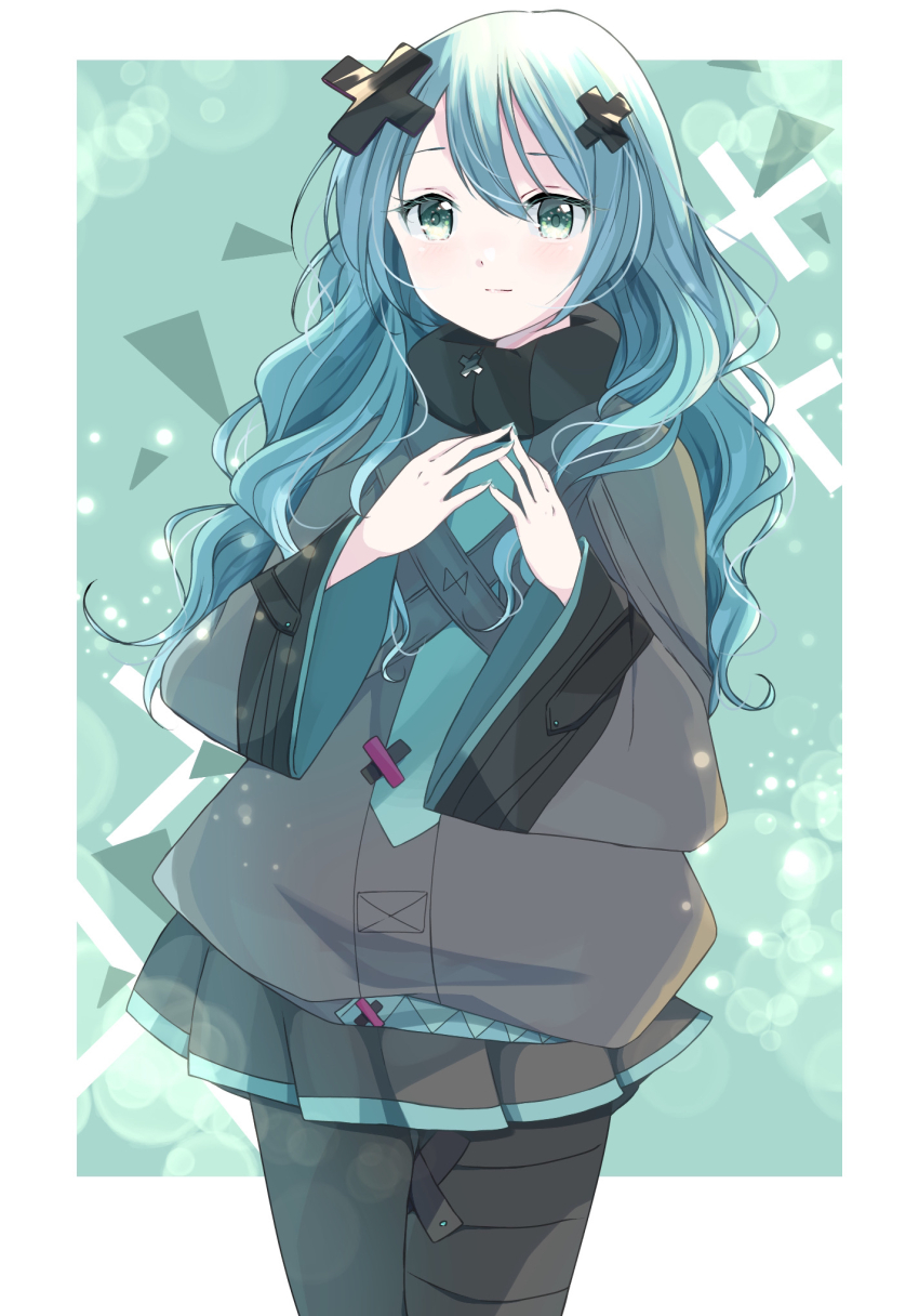 1girl alternate_hairstyle aqua_hair aqua_nails aqua_trim bandaid bandaid_on_leg batsu_miku black_pantyhose blush closed_mouth green_eyes grey_jacket hair_between_eyes hair_ornament hatsune_miku highres jacket kowareta_sekai_to_utaenai_miku long_hair long_sleeves looking_at_viewer pantyhose pleated_skirt project_sekai siquartz22 skirt smile solo turtleneck turtleneck_jacket very_long_hair vocaloid wavy_hair wide_sleeves x_hair_ornament