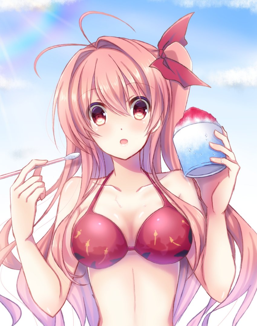 1girl absurdres antenna_hair bikini bow breasts chaos;head cleavage collarbone cup drinking_straw female_focus floating_hair food hair_between_eyes hair_bow highres holding holding_cup holding_drinking_straw long_hair looking_at_viewer medium_breasts nishijou_myu pink_hair red_bikini red_bow red_eyes sakihata_rimi shaved_ice solo sunlight swimsuit upper_body very_long_hair