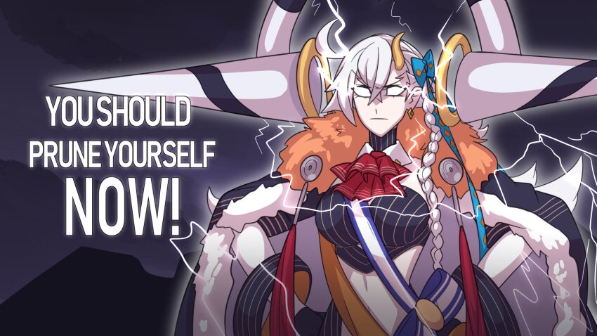 1girl braid commentary earrings english_commentary english_text fate/grand_order fate_(series) glowing glowing_eyes hair_between_eyes hands_on_own_hips highres horns jewelry kamuify lightning meme olga_marie_animusphere single_braid single_earring single_horn solo u-olga_marie white_eyes white_hair you_should_kill_yourself_now_(meme)