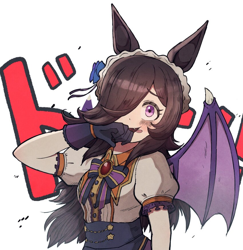 1girl absurdres animal_ears bat_wings beta_2 black_bow black_gloves blue_skirt blush bow brown_hair commentary_request fangs gloves hair_over_one_eye high-waist_skirt highres horse_ears licking_lips long_hair looking_at_viewer maid_headdress puffy_short_sleeves puffy_sleeves purple_bow purple_eyes rice_shower_(make_up_vampire!)_(umamusume) rice_shower_(umamusume) shirt short_sleeves simple_background skirt solo striped_bow tongue tongue_out umamusume upper_body white_background white_shirt wings wiping_mouth