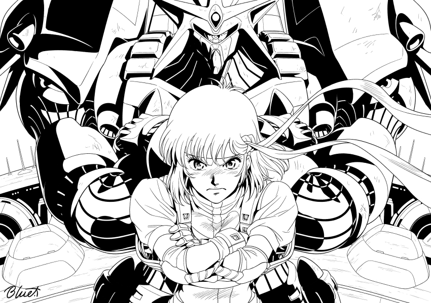 1980s_(style) 1girl buru-dai commentary_request crossed_arms elbow_pads frown gloves gunbuster headband highres mecha medium_hair monochrome official_style oldschool puffy_short_sleeves puffy_sleeves retro_artstyle robot short_sleeves signature takaya_noriko top_wo_nerae! top_wo_nerae!_(series)